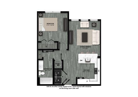 Floor plan for 1 bed, 1 bath, 665 sqft